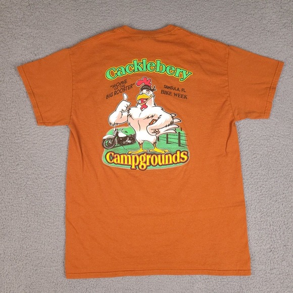Bike Week Cacklebery Campgrounds T-Shirt Mens‎ Medium Orange Samsula Florida - Picture 1 of 11